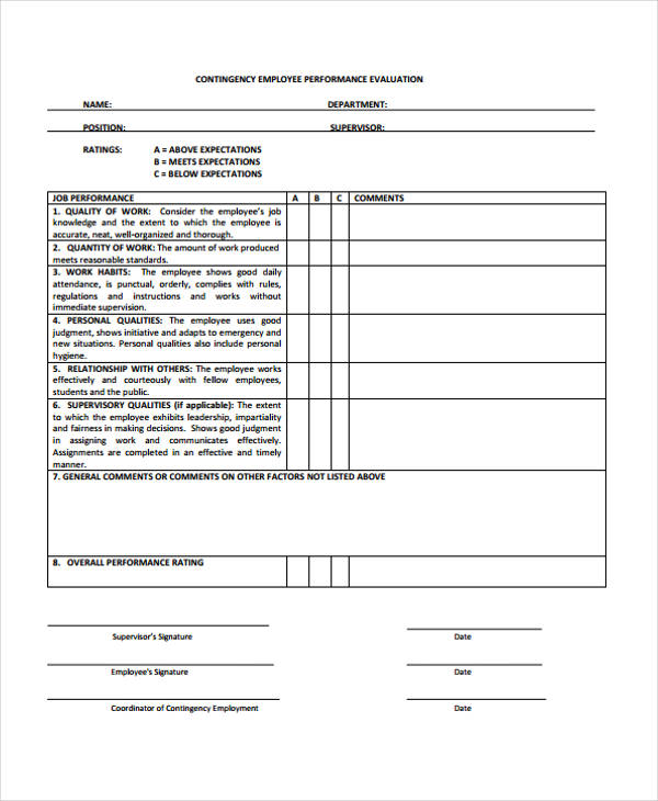 contingency employee evaluation form