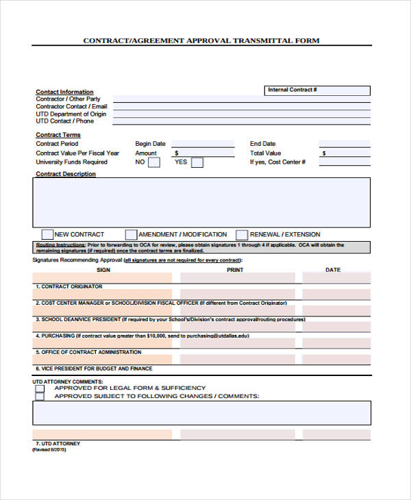 contract approval transmittal agreement form