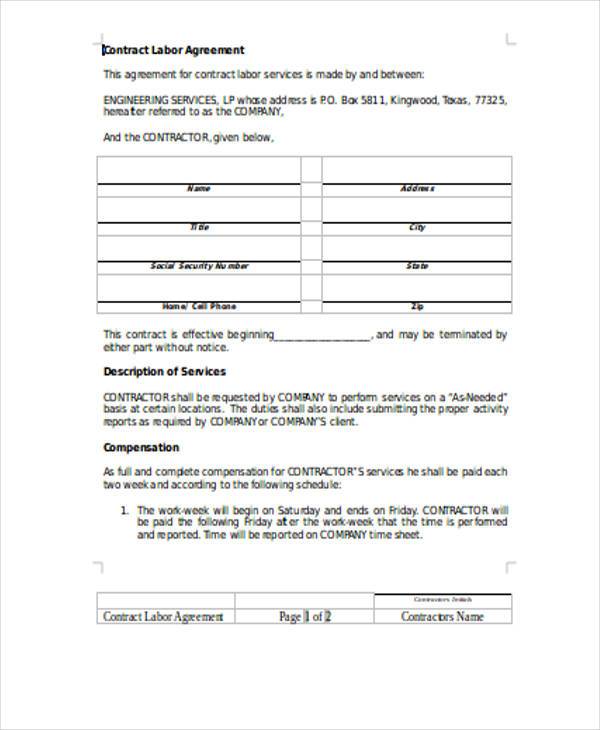contract labor agreement form