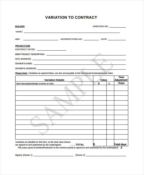 Contract Variation Form Sample