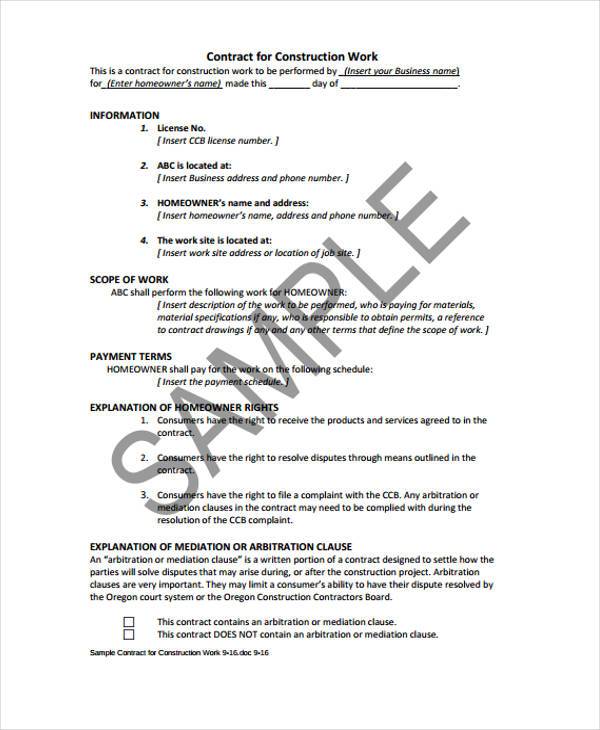 contract for construction work form