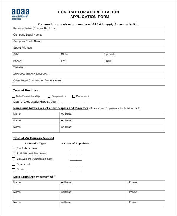 contractor accredition application form