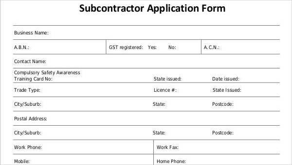 contractor application form samples
