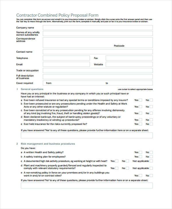 contractor combined policy proposal form