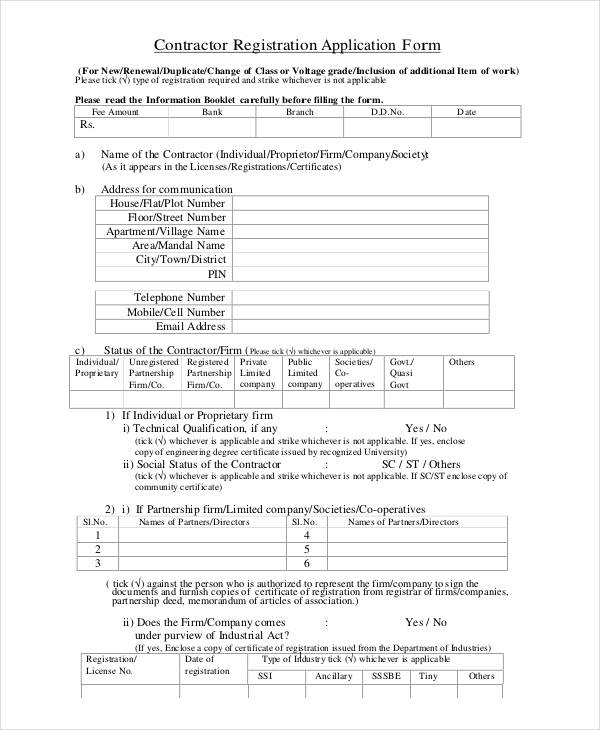 contractor registration application form