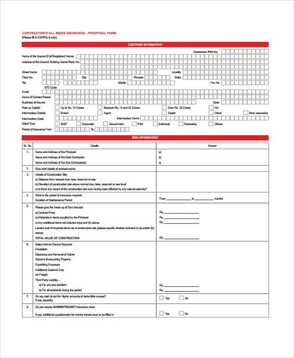 contractor risk insurance proposal form sample