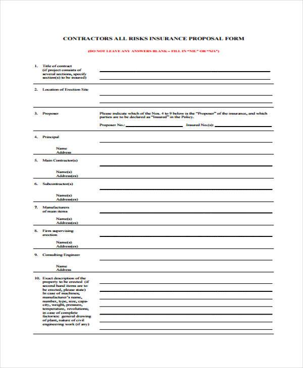 contractor risk insurance proposal form
