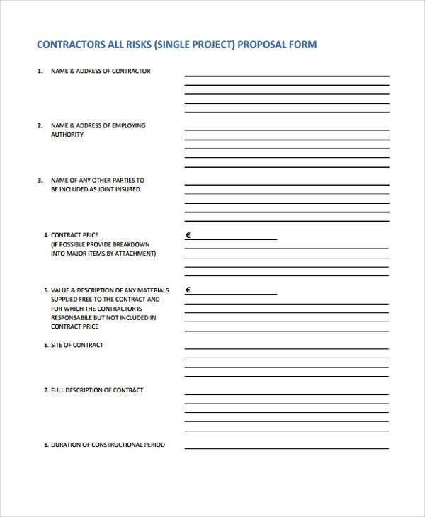 contractor risk single project proposal form