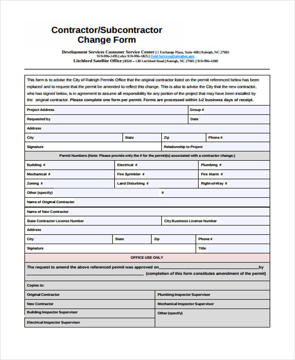 contractor subcontractor change form