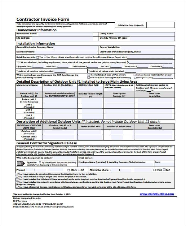contractor work invoice form