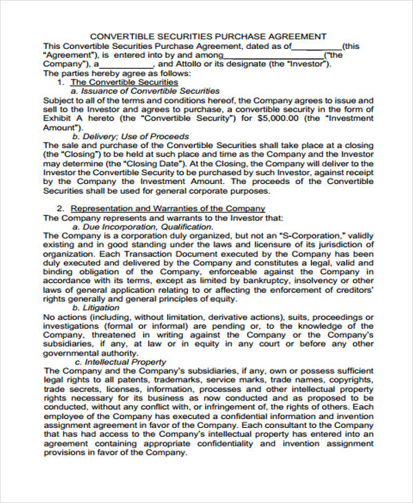 convertible securities purchase agreement form