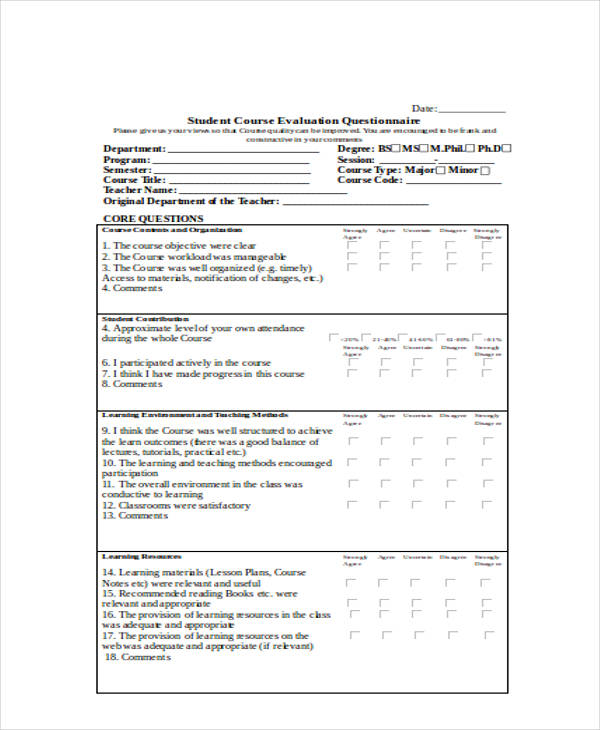 core questions student feedback questionnaire