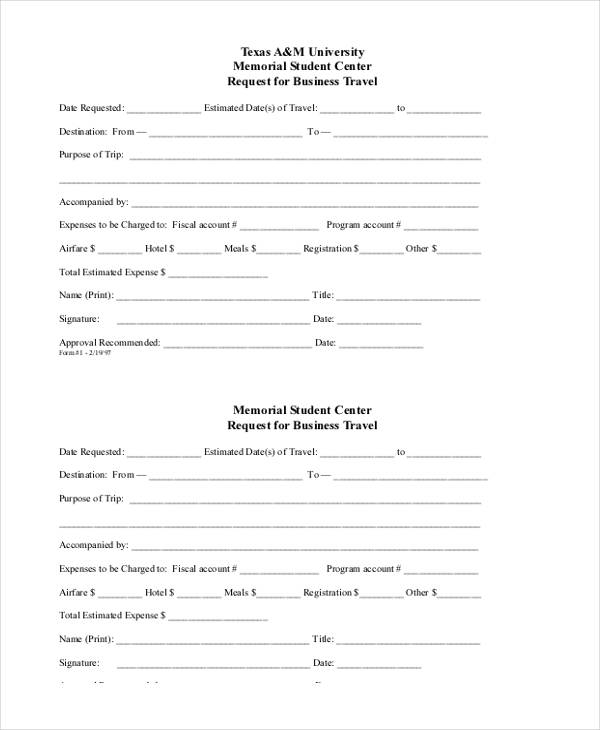 corporate travel request form sample
