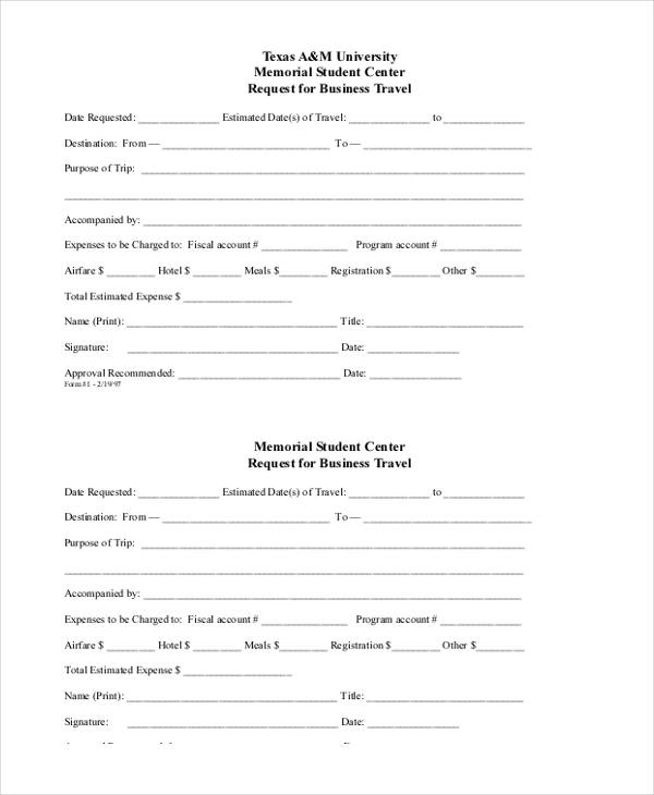 Travel Request Form Template Word