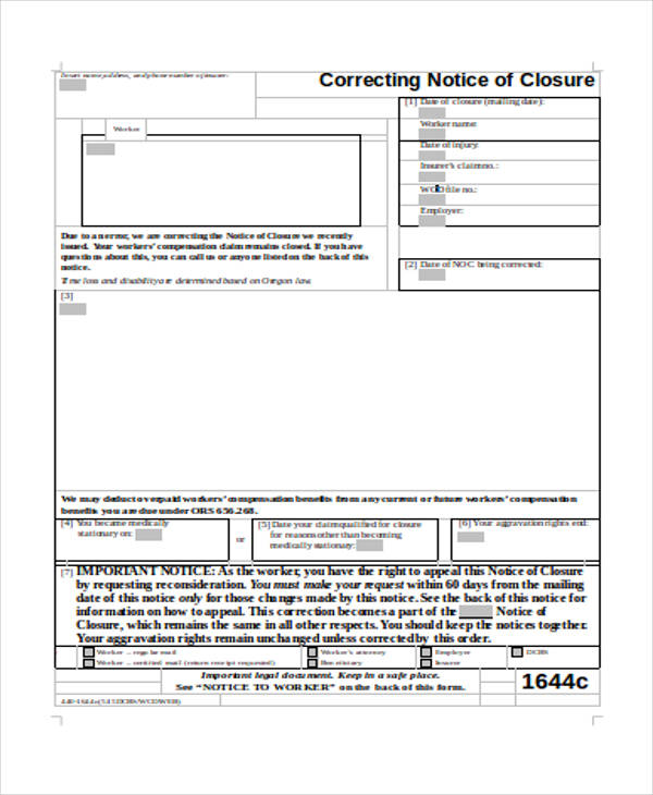 correcting notice of closure form