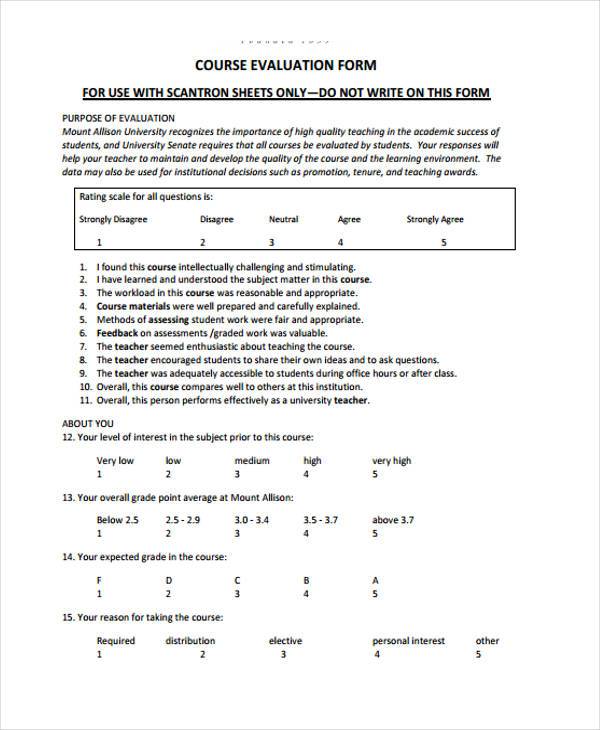 course evaluation form for student