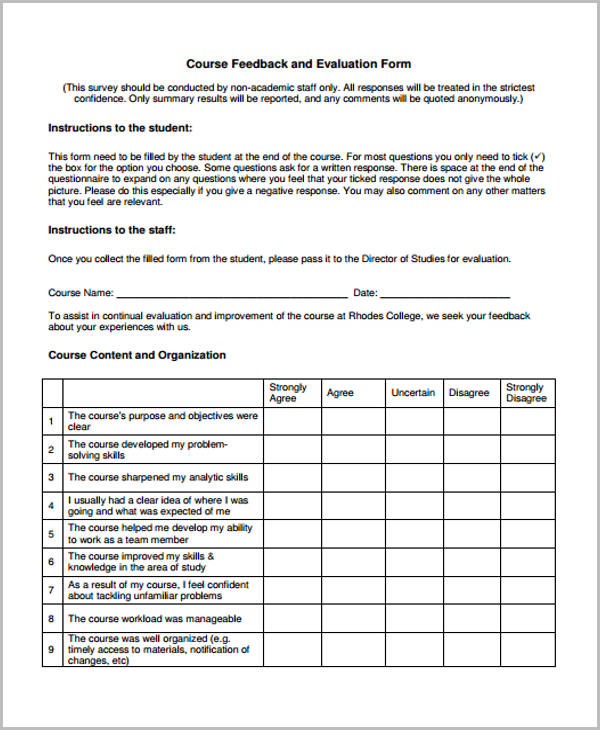 course feedback evaluation form