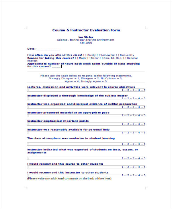 course instructor student evaluation form