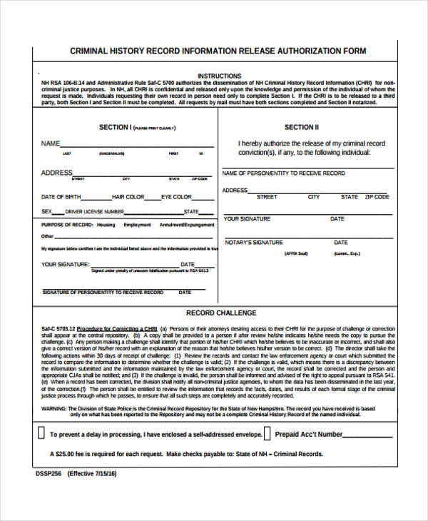 criminal record release authorization form