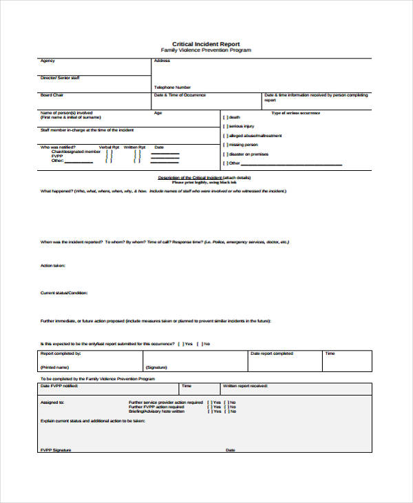 critical incident internal report form