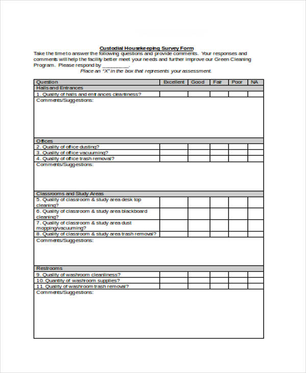 custodial housekeeping survey form