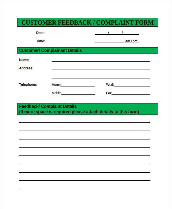 customer feedback complaint form