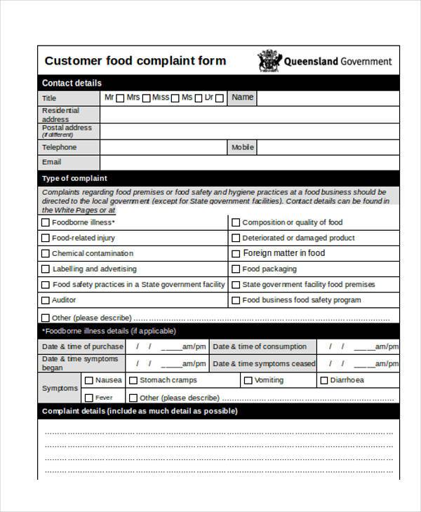 customer food complaint form