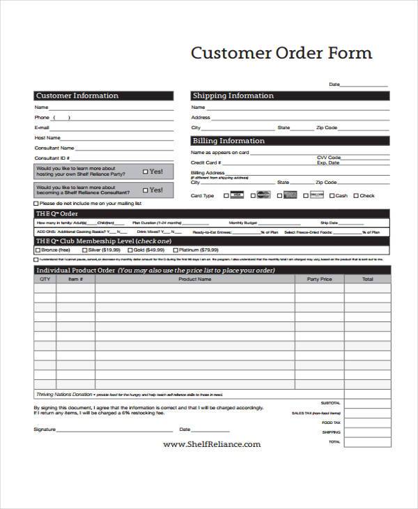 customer food order form1