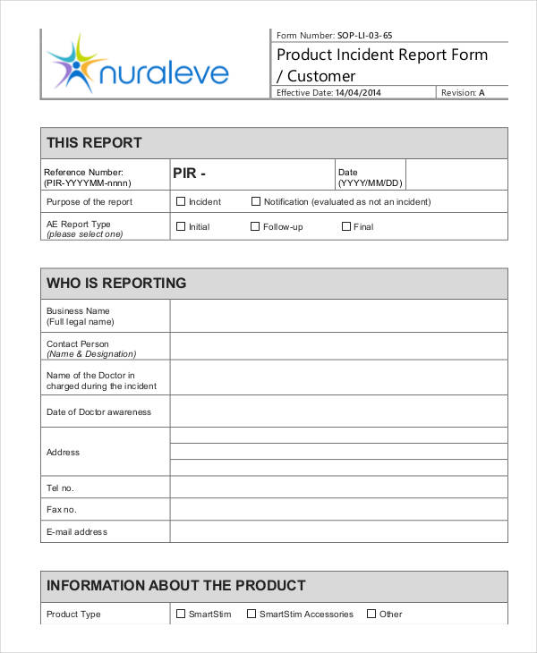 customer product incident report form