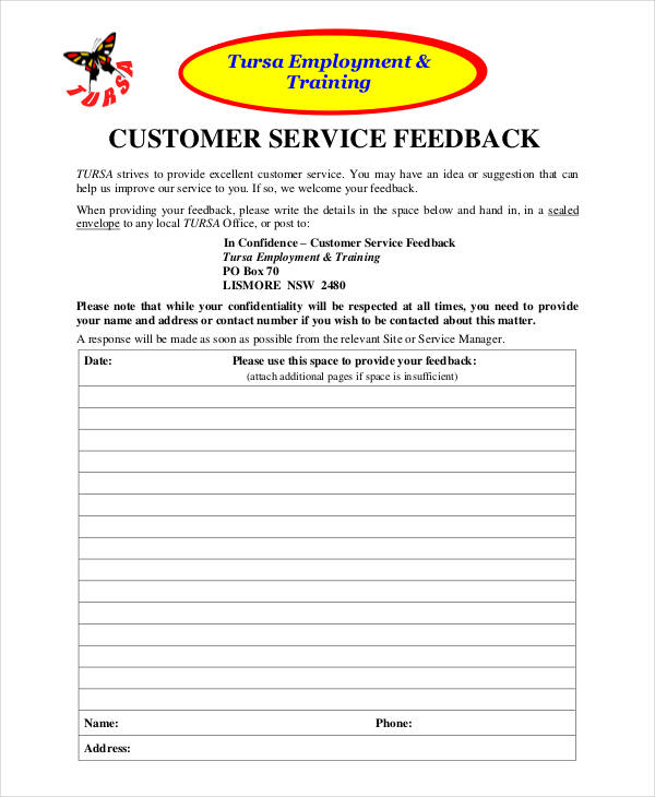 customer service training feedback form