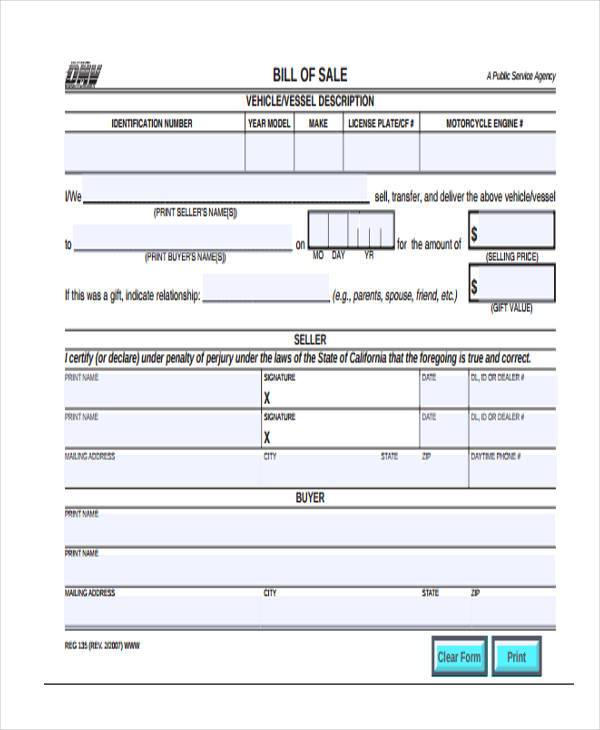 Ca Dmv Bill Of Sale Form Free Printable 9067