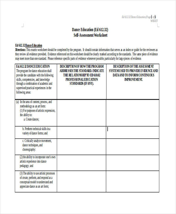dance self assessment worksheet form