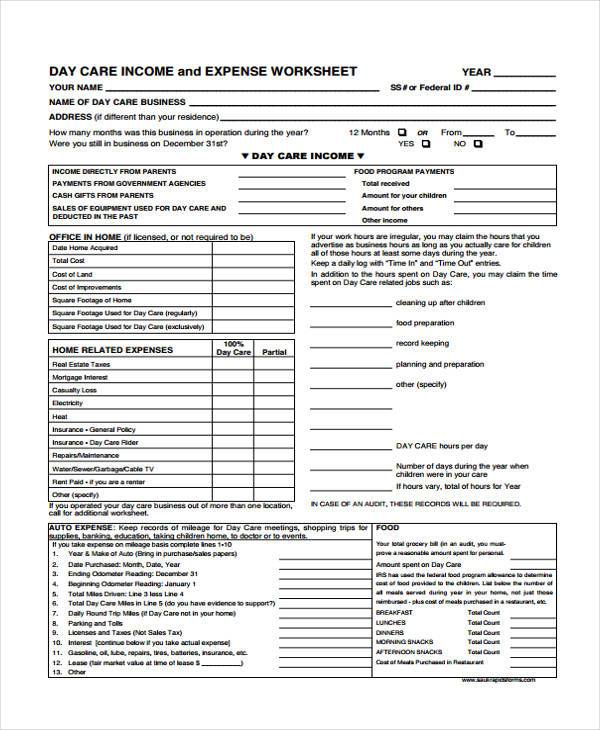 day care income and expenses form