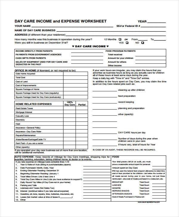 Home Daycare Tax Worksheet Englishworksheet My Id   Day Care Income And Expenses Form 