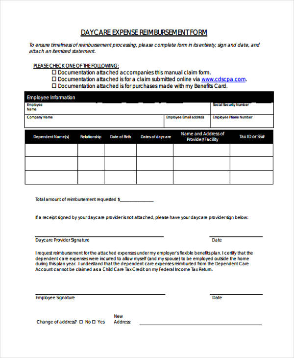 daycare reimbursement receipt form