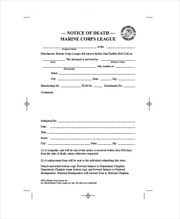 death notice form in pdf