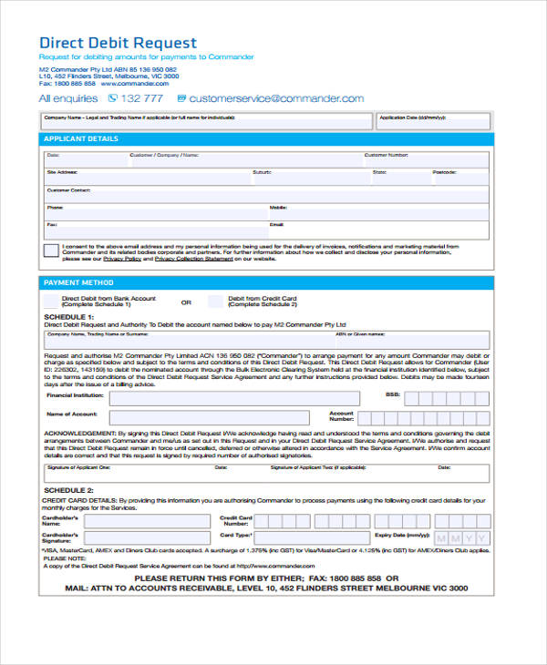 debit service request agreement form