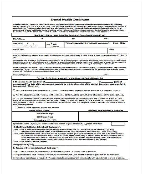 dental certificate form example