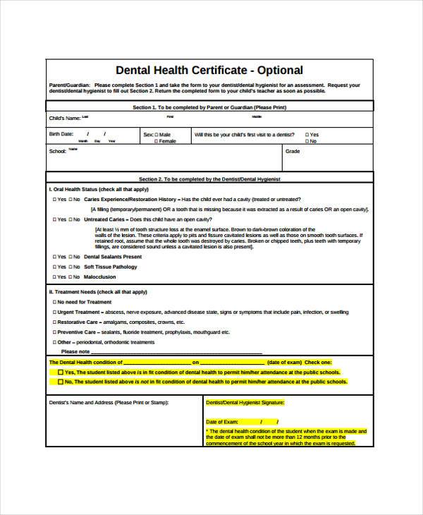 dental health certificate form