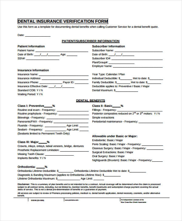 Free Printable Dental Insurance Verification Form Printable Forms Free Online 1698