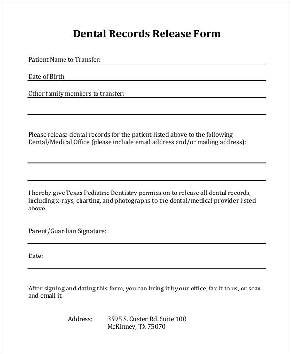 Printable Dental Release Form Printable Forms Free Online 7720