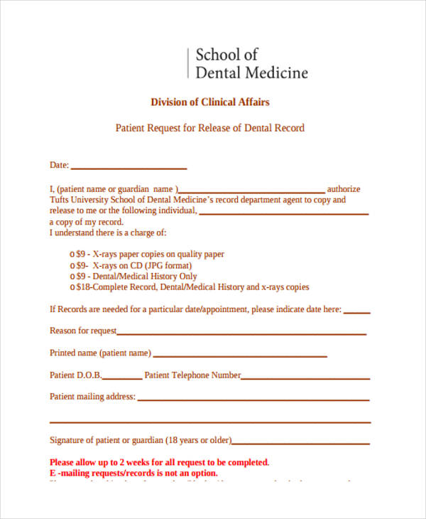 dental records medical release form