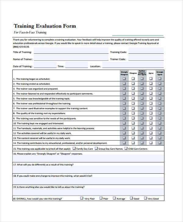 developing face to face training evaluation form