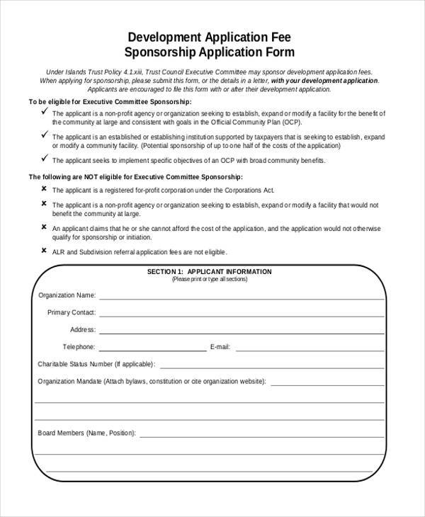 development application fee sponsorship application form