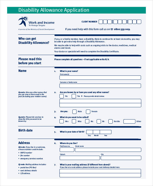 disability allowance application form sample