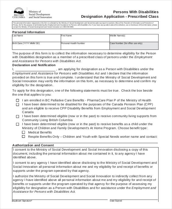 FREE 10 Sample Disability Application Forms In PDF MS Word