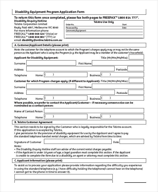 disability equipment program application form format