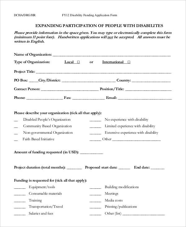 disability funding application form