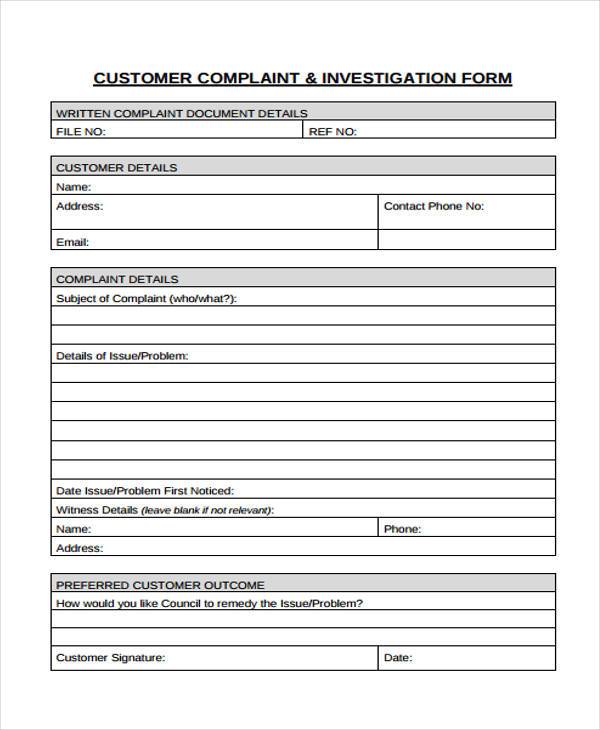 document for investigation complaint form