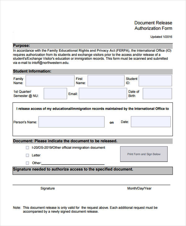document release authorization form in doc